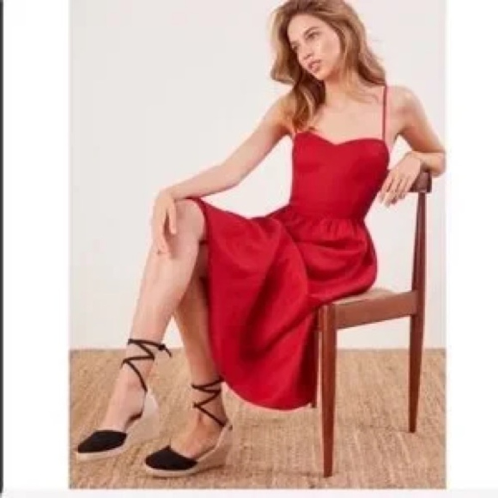 Reformation Red Spaghetti Strap Fit and Flare Midi Dress